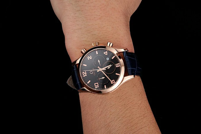 Omega Chronograph Black Dial Rose Gold Case Blue Leather Strap new123356