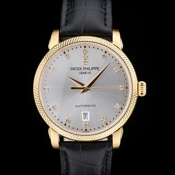 Patek Philippe Calatrava Ribbed Bezel Grey Dial Black Leather Strap new59005