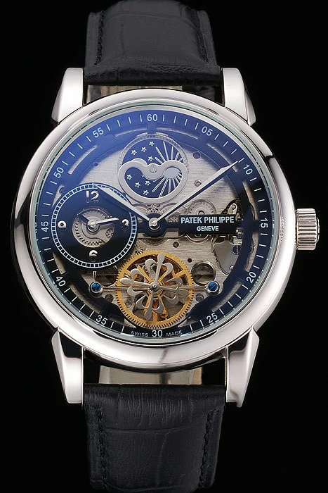 Patek Philippe Dual Time Moonphase Tourbillon Black Skeletonised Dial Stainless Steel Case Black Leather Strap new121079