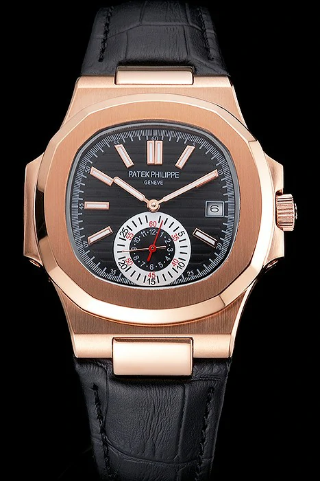Patek Philippe Nautilus Black Dial Rose Gold Case Black Leather Strap new121969