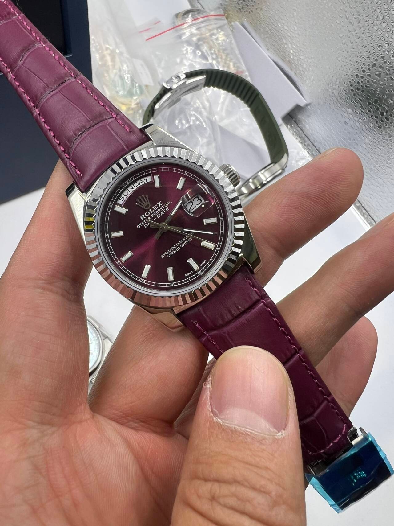 Replica Rolex Day Date Purple Dial Purple Leather Strap Watch New25023