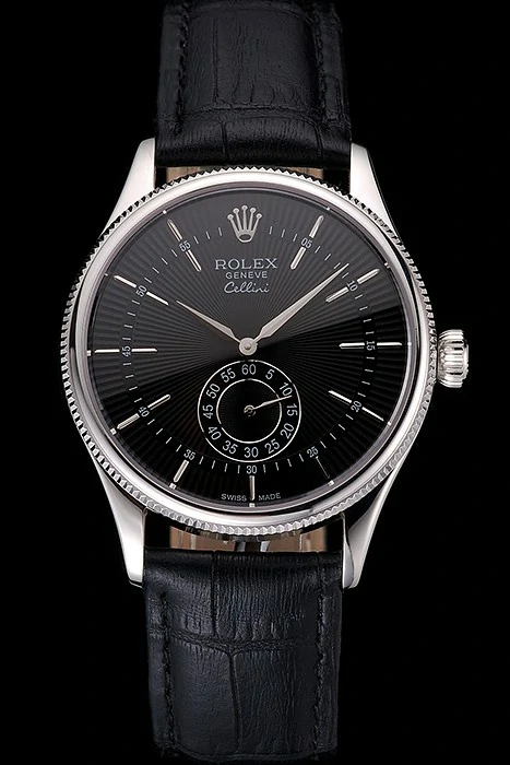 Rolex Cellini Black Dial Stainless Steel Case Black Leather Strap new121593