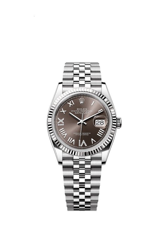 Rolex Replica Watch Datejust 36, Oystersteel and 18k White Gold, Dark grey set with diamonds dial, Fluted Jubilee, 126234-0071