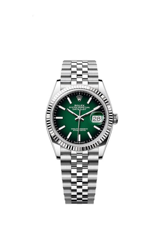 Rolex Replica Watch Datejust 36, Oystersteel and 18k White Gold, Green ombré dial, Fluted Jubilee, 126234-0059