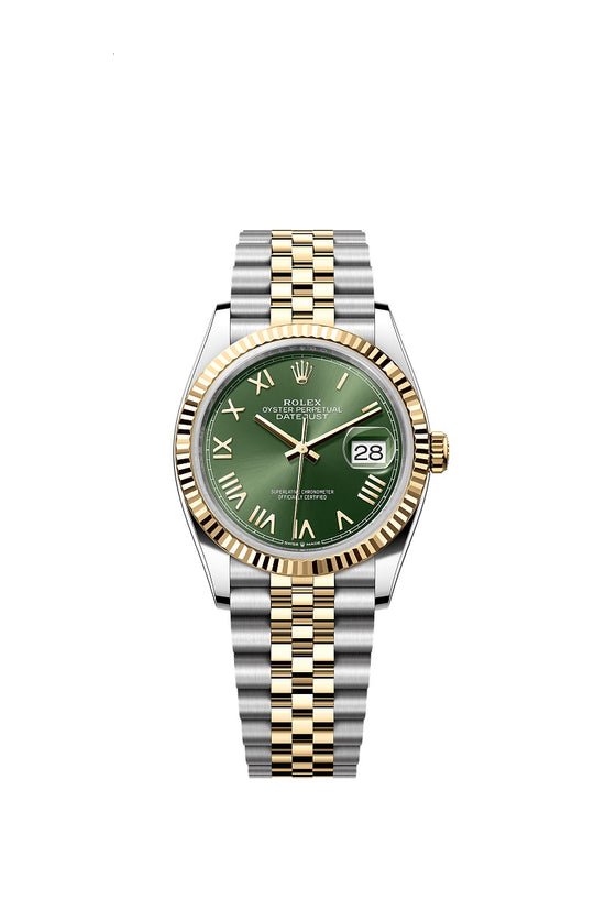 Rolex Replica Watch Datejust 36, Oystersteel and 18k Yellow Gold, Olive green Roman sunray dial, Fluted Jubilee, 126233-0053