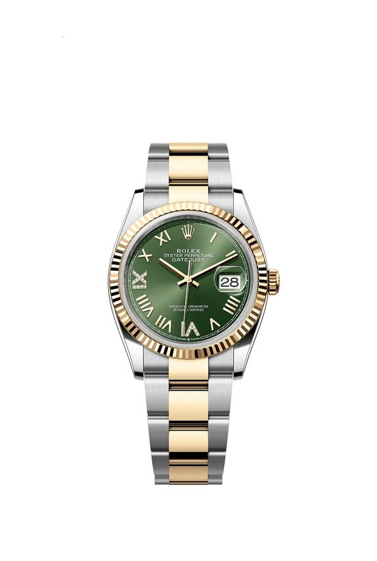 Rolex Replica Watch Datejust 36, Oystersteel and 18k Yellow Gold, Olive green sunray set with Diamonds dial, Fluted Oyster, 126233-0050