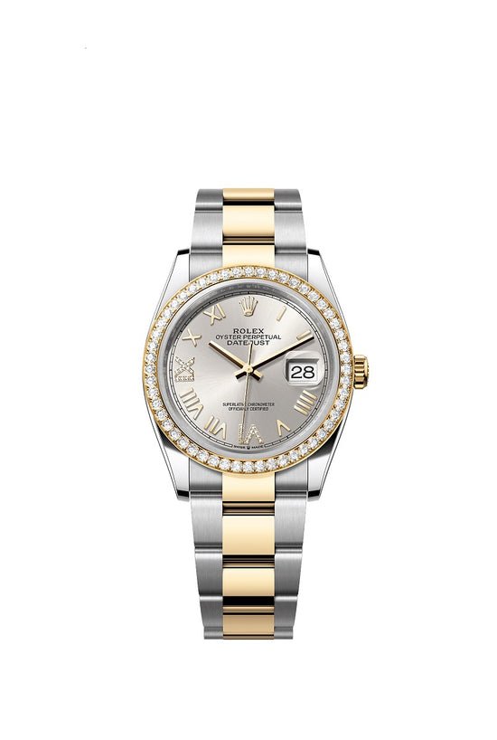 Rolex Replica Watch Datejust 36, Oystersteel and 18k Yellow Gold, Silver sunray set with Diamonds dial, Diamond-set bezel Oyster, 126283RBR-0038