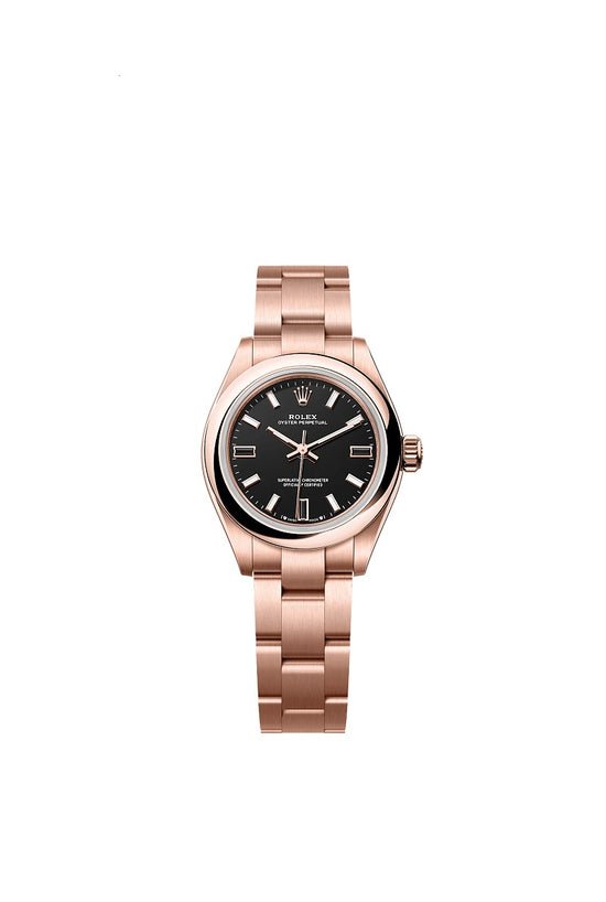 Rolex Replica Watch Oyster Perpetual 28, 18k Everose Gold, 28mm, Black dial, Domed Oyster, 276205-0001