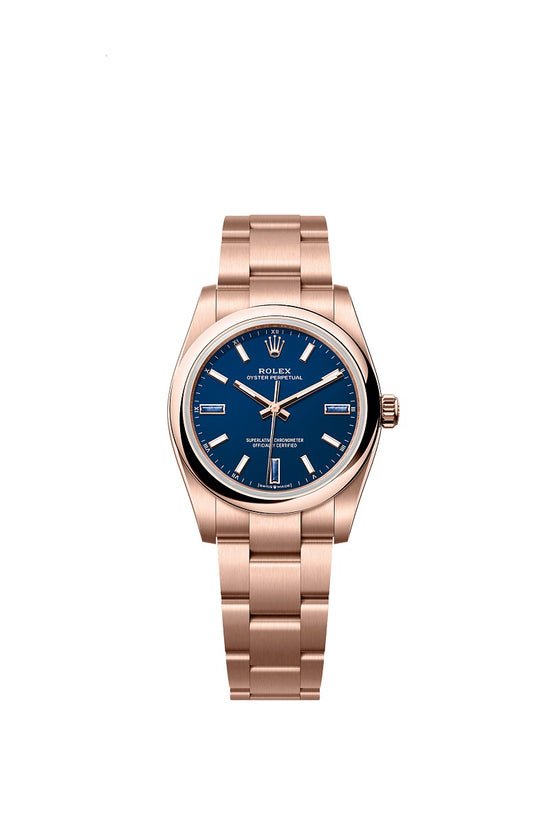 Rolex Replica Watch Oyster Perpetual 34, 18k Everose Gold, 34mm, Blue stone dial, Domed Oyster, 124205-0002
