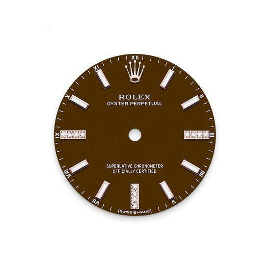 Rolex Replica Watch Oyster Perpetual 34, 18k Everose Gold and Diamonds, 34mm, Brown Stone dial, Oyster, 124245rbr-0001